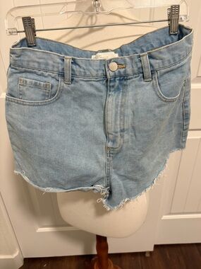 OAK + FORT Light Blue High-Rise Frayed Denim Shorts